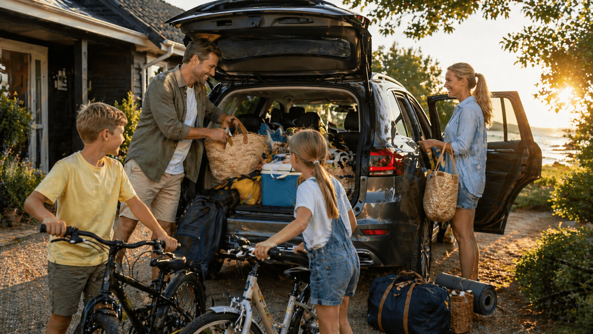 Familj laddar bil med sommarpåsar och cyklar inför semestern – begagnad familjebil 2026