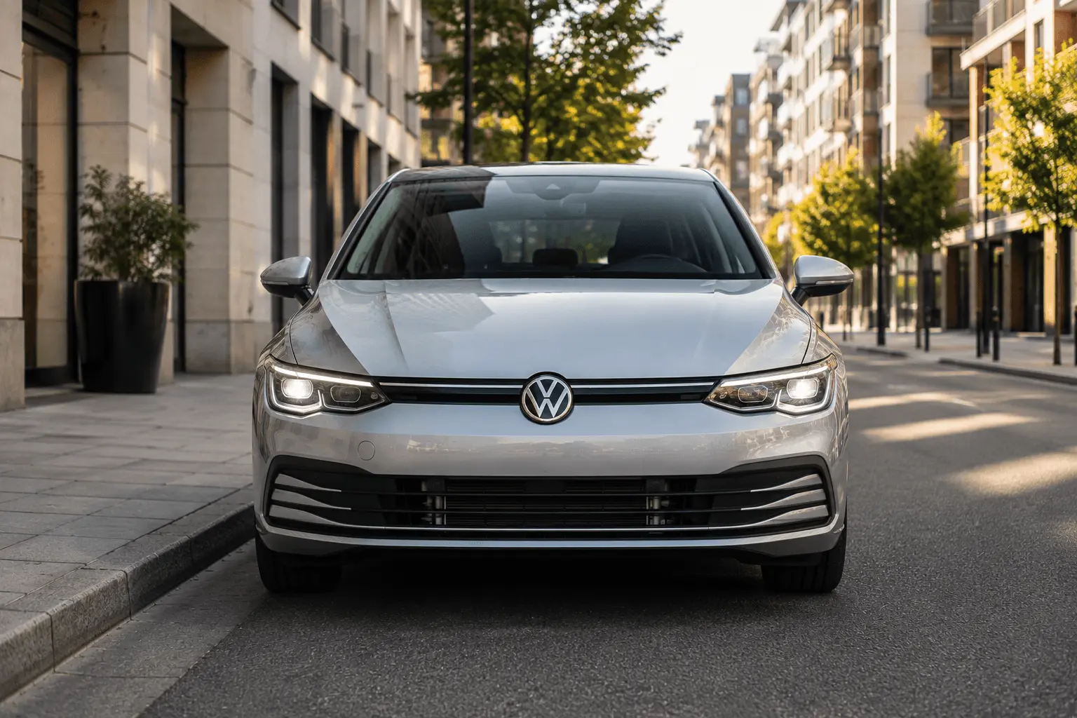 VW Golf 8 generation åtta i silver parkerad på stadsgata – frontvy med LED-strålkastare