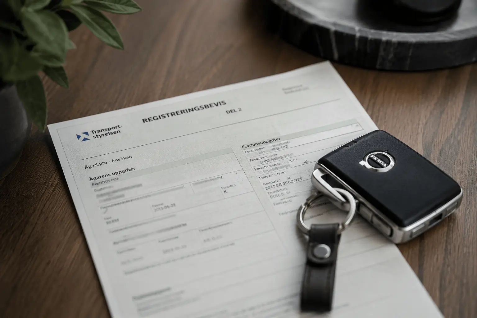 Registreringsbevis del 2 på ett bord intill en bilnyckel – symbol för ägarbyte vid dödsbo