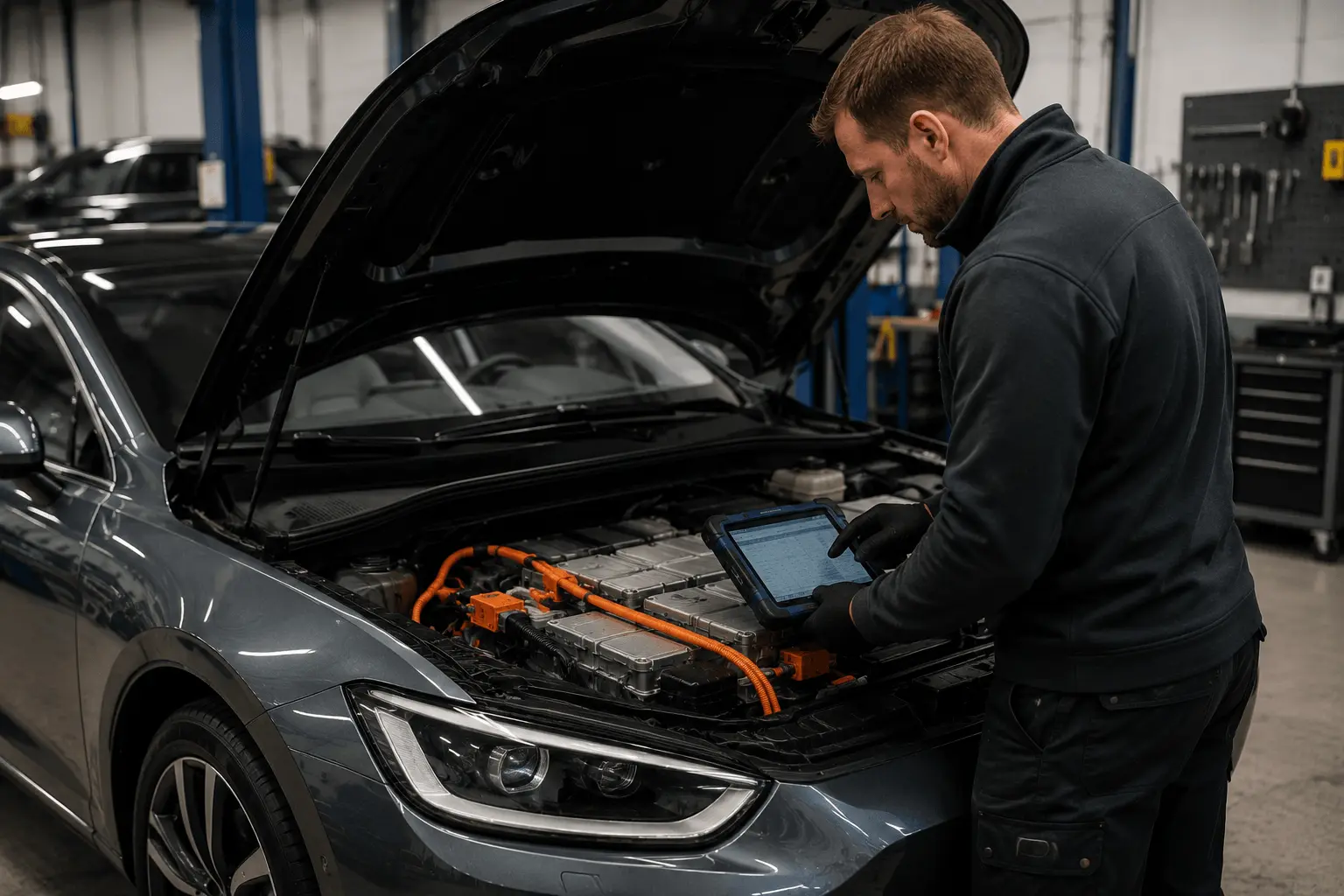 Tekniker utför batteridiagnostik på en begagnad elbil med högt miltal i en verkstad