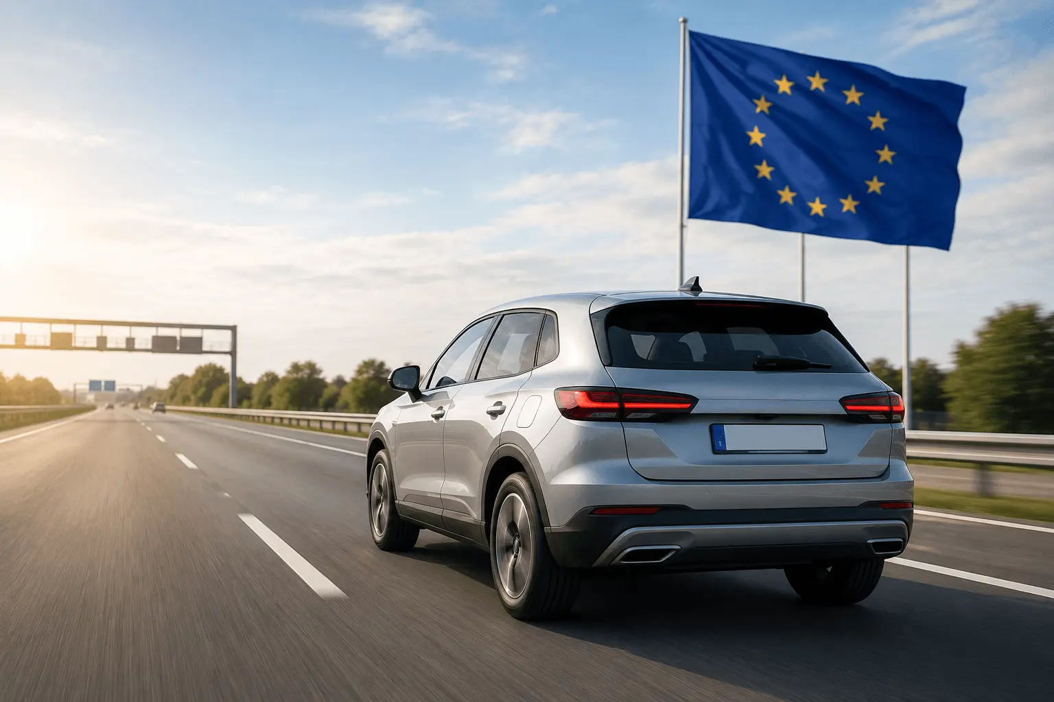 Ny bil på motorväg med EU-flagga i bakgrunden – nya säkerhetskrav 2026