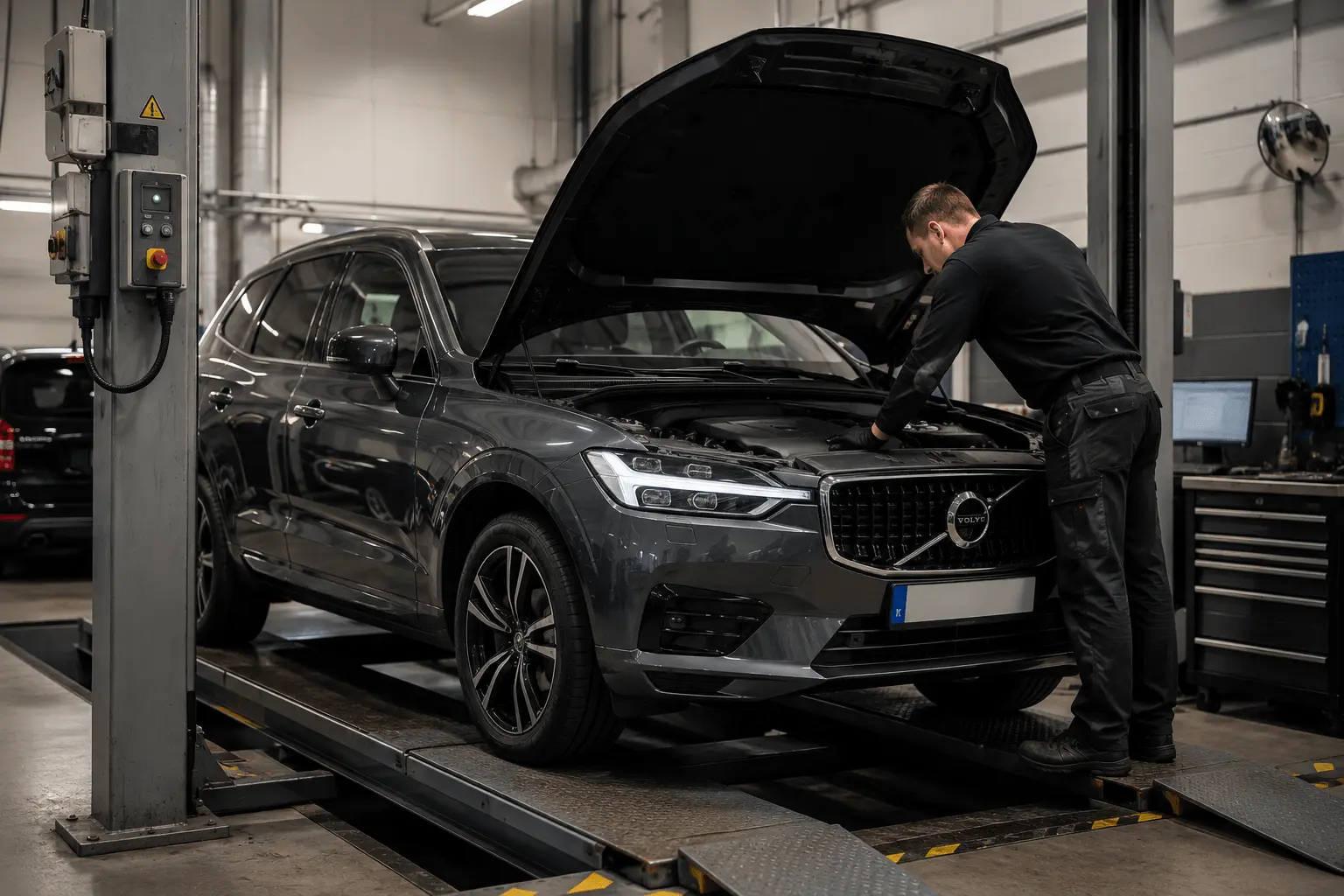 Volvo XC60 SUV under besiktning på verkstad där mekaniker undersöker motorrummet