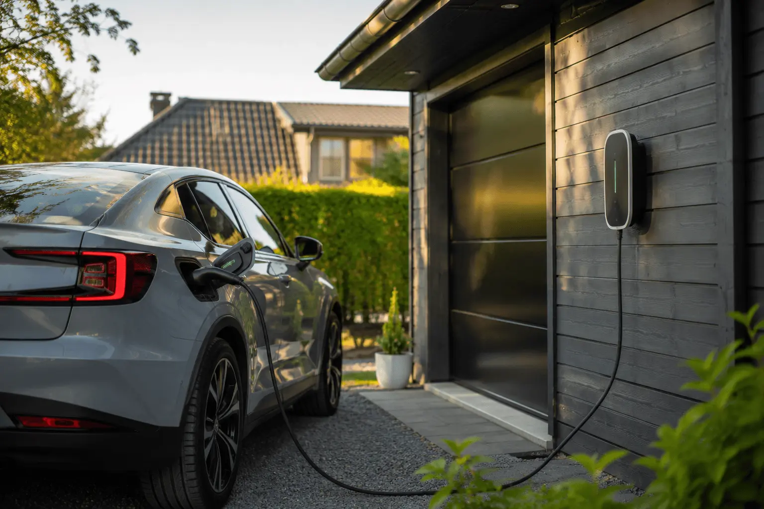 Elbil ansluten till en hemmaladdbox framför ett garage i Sverige - symbol för begagnat elbilsköp med rätt förberedelse