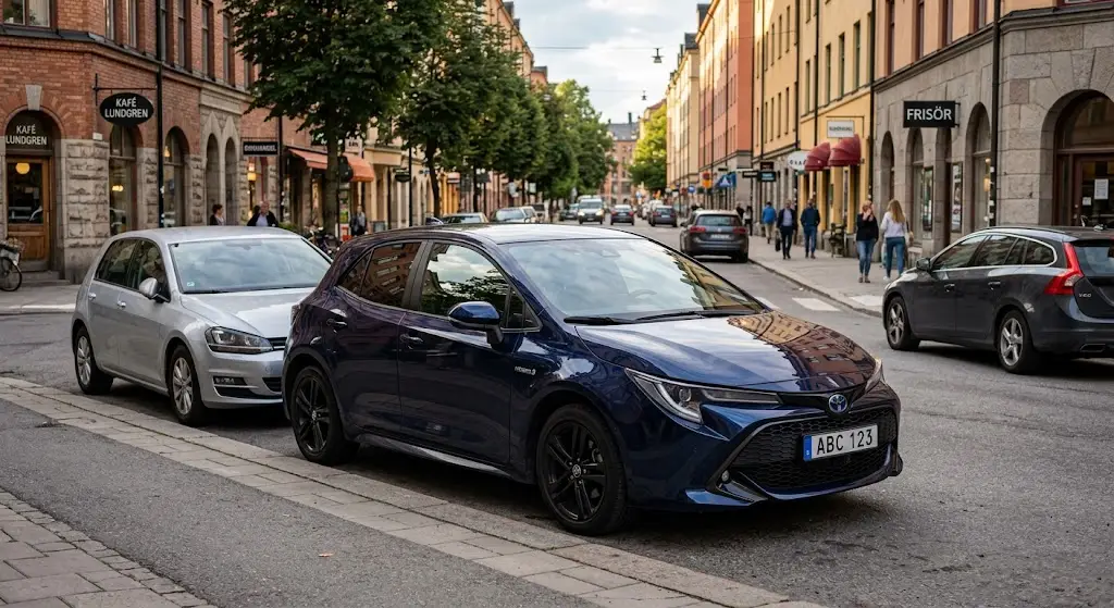 Toyota Corolla hybrid halvkombi i mörkblå metallic parkerad på stadsgata