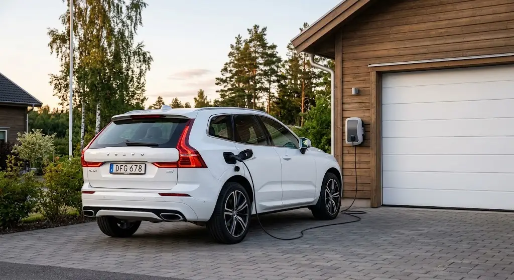 Volvo XC60 T8 Recharge laddhybrid i vitt ansluten till laddbox utanför ett garage