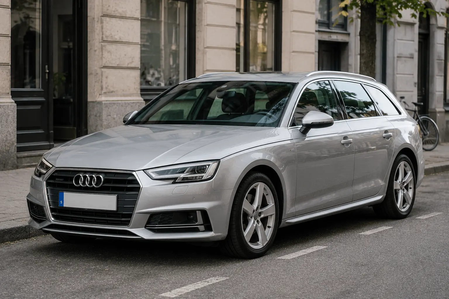 Audi A4 Avant kombi i silvergrått parkerad på stadsgata - en av de vanligaste premiumkombierna på svenska begagnatmarknaden