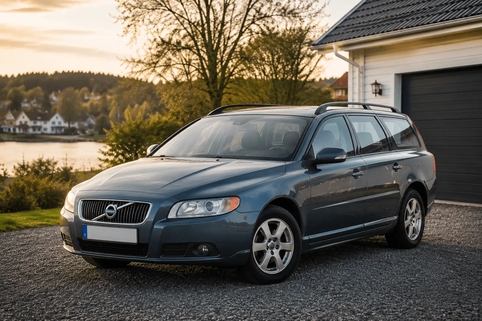 Volvo V70 kombi i silvergrått på en landsväg – generation 3 som är den vanligaste generationen på den svenska begagnatmarknaden 2026