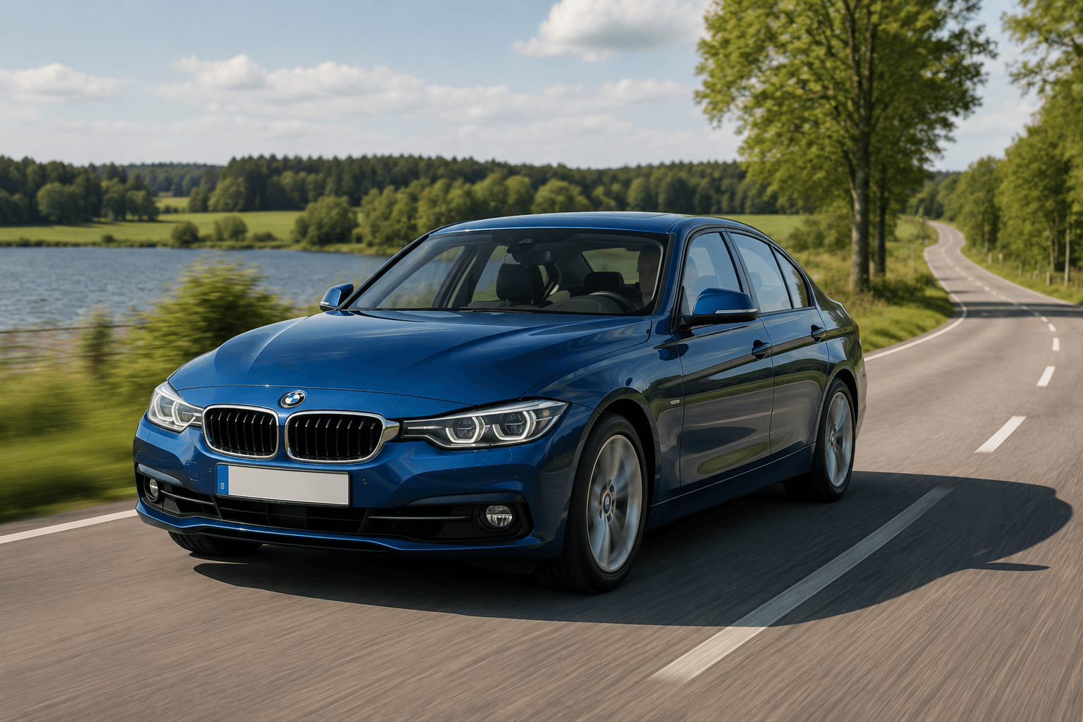 BMW 3-serie F30 i blå metallic på en landsväg - representerar den vanligaste generationen på den svenska andrahandsmarknaden 2026