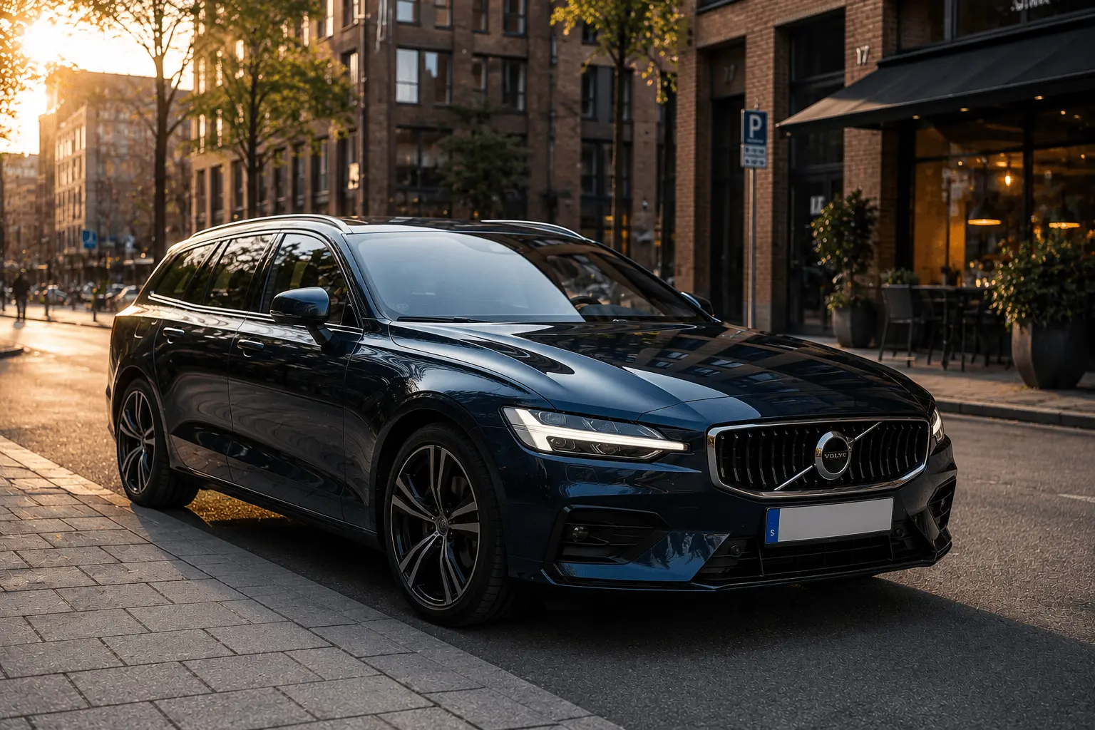 Volvo V60 kombi i mörkblå metallic parkerad på landsväg - ledande premiumkombi på svenska begagnatmarknaden