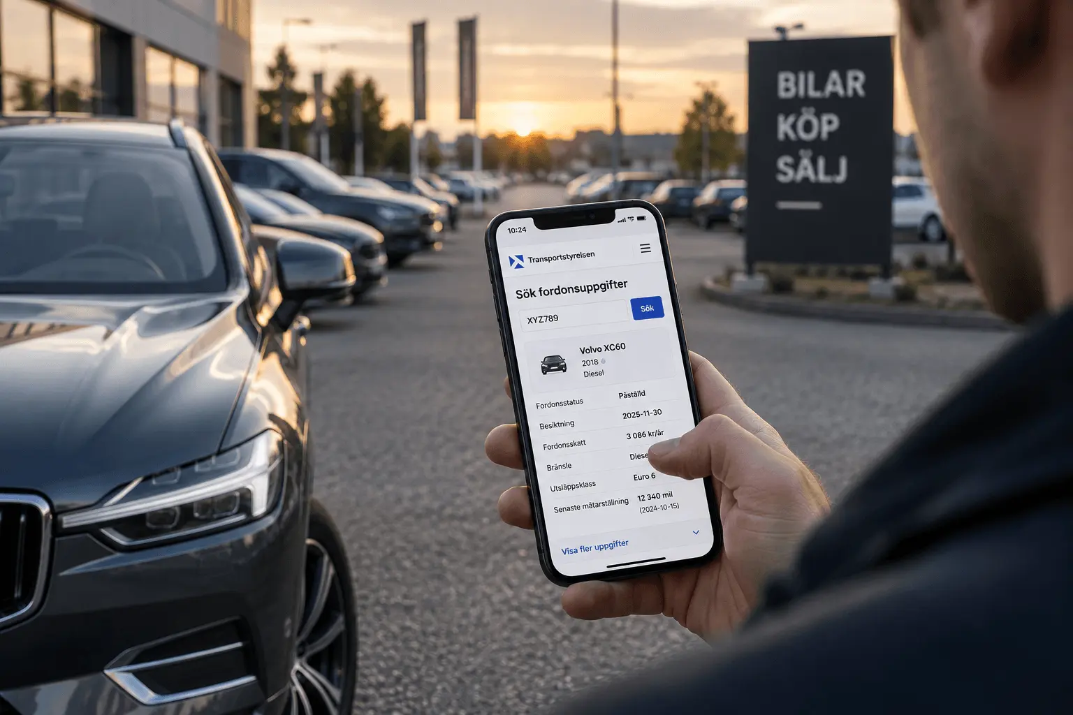 Person som söker gratis fordonsuppgifter på mobilen inför bilköp