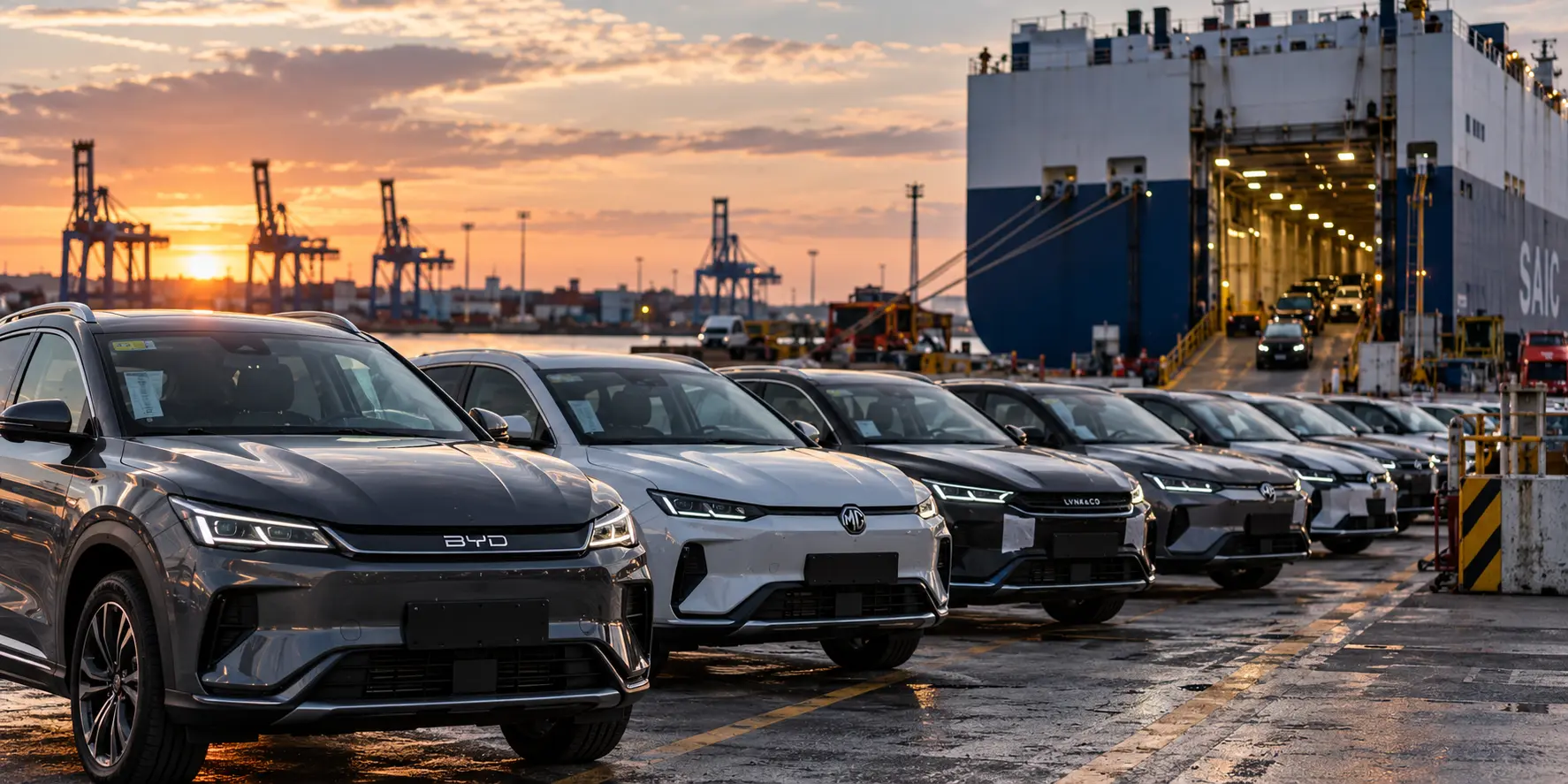 Nya bilar uppställda i hamn inför export till Europa
